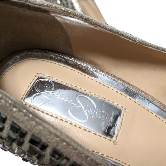 JESSICA SIMPSON Claya Metallic Faux Suede Rhinestone Heels 6 - Picture 9 of 12